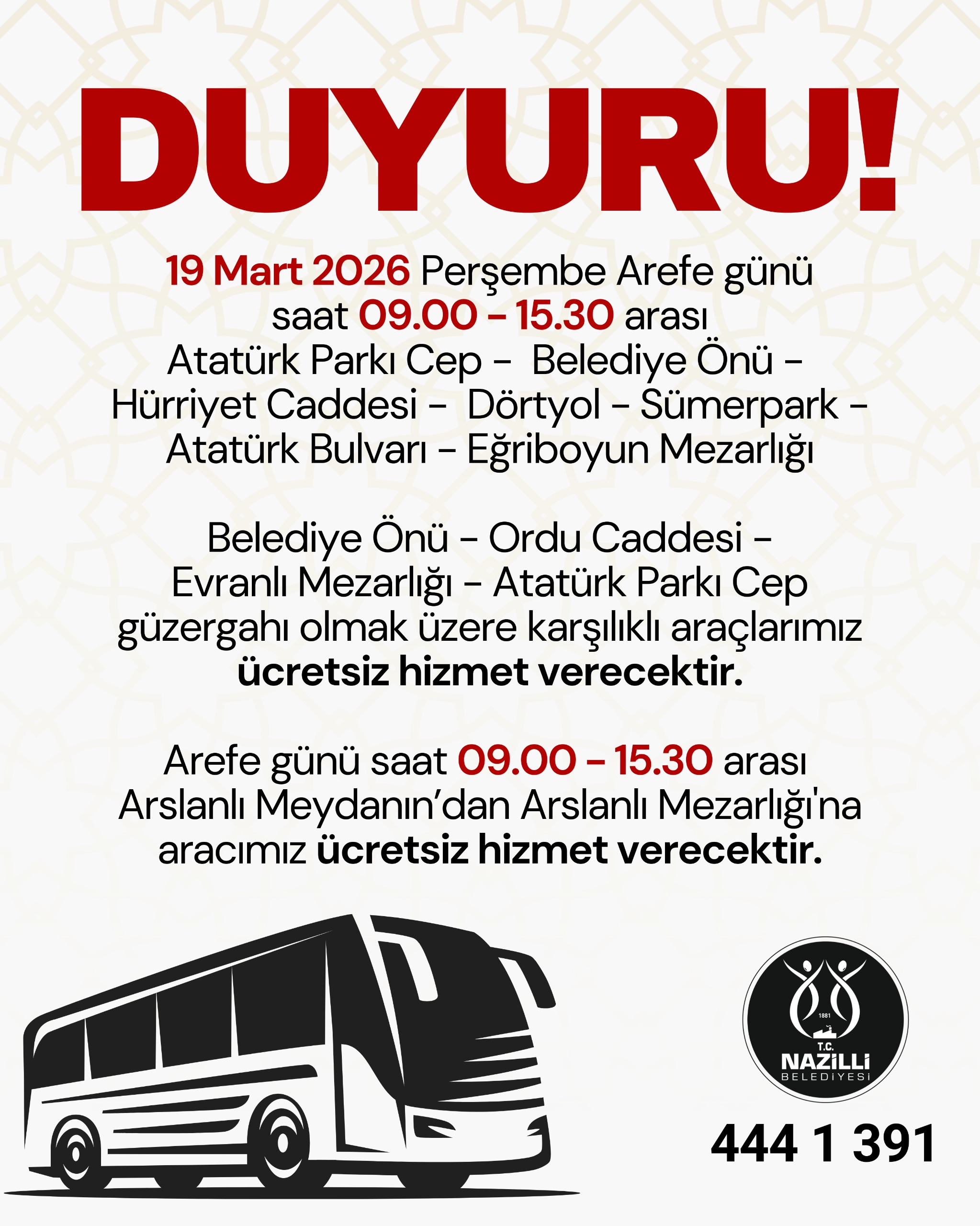 Nazilli’de Ramazan Bayramı öncesi mezarlıklara ücretsiz servis hizmeti